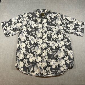 Bruno B. Mens XL Silk Hawaiian Shirt Floral Hibiscus Tropical Grey Black White
